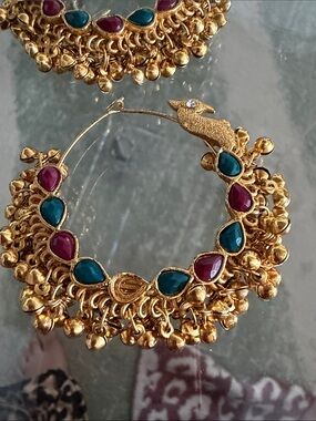Gold-Tone Hoop Earrings with Red & Green Stone Accents missing stone
